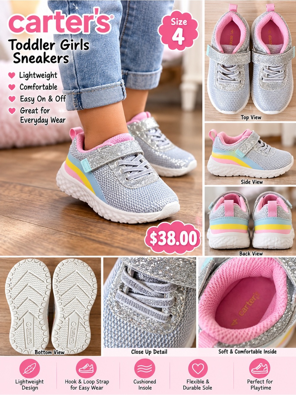 Carter's Silver Sneakers with Pink, Blue & Yellow Accents